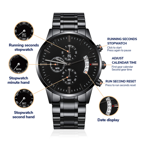 “Customizable Engraved Black Chronograph Watch