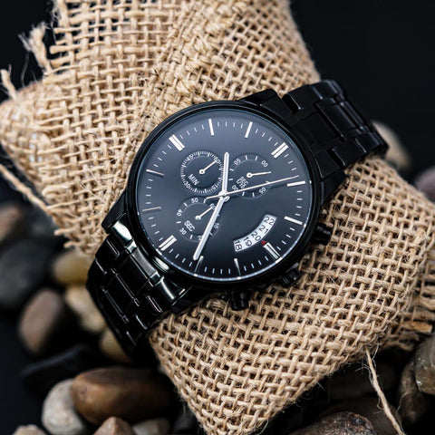 “Customizable Engraved Black Chronograph Watch