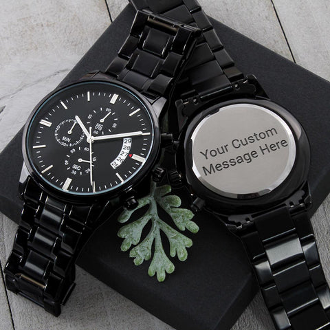 “Customizable Engraved Black Chronograph Watch