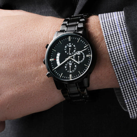 “Customizable Engraved Black Chronograph Watch