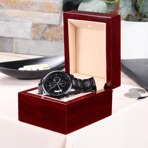 “Customizable Engraved Black Chronograph Watch